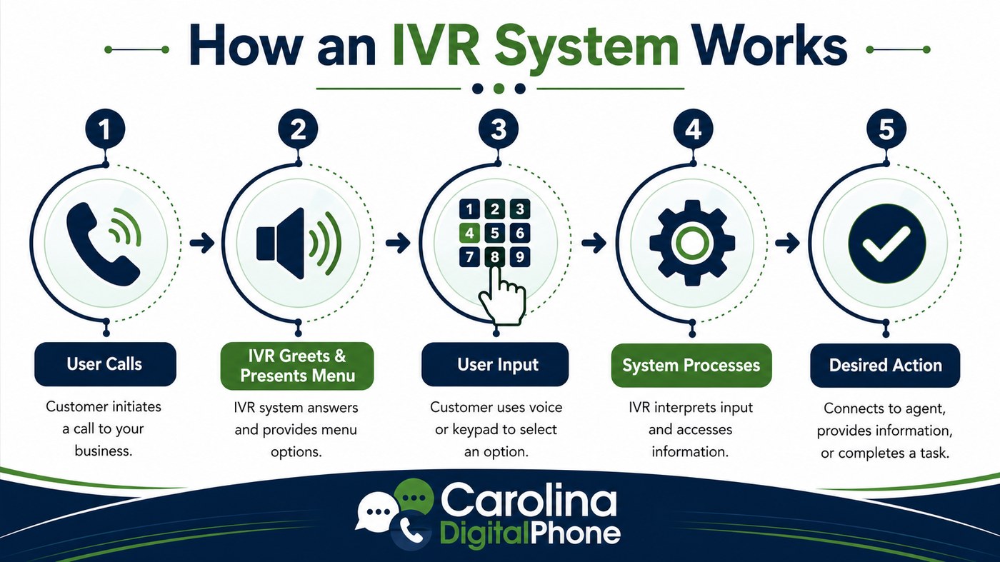 Infographic showing the five steps of how an IVR system works, from the customer calling to the desired action