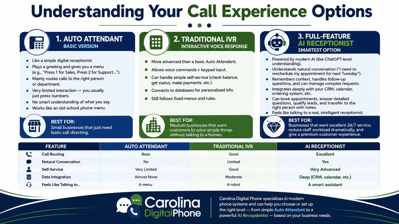 Comparison chart of auto attendant, traditional IVR, and AI receptionist across call routing, natural conversation, self-service, and data integration